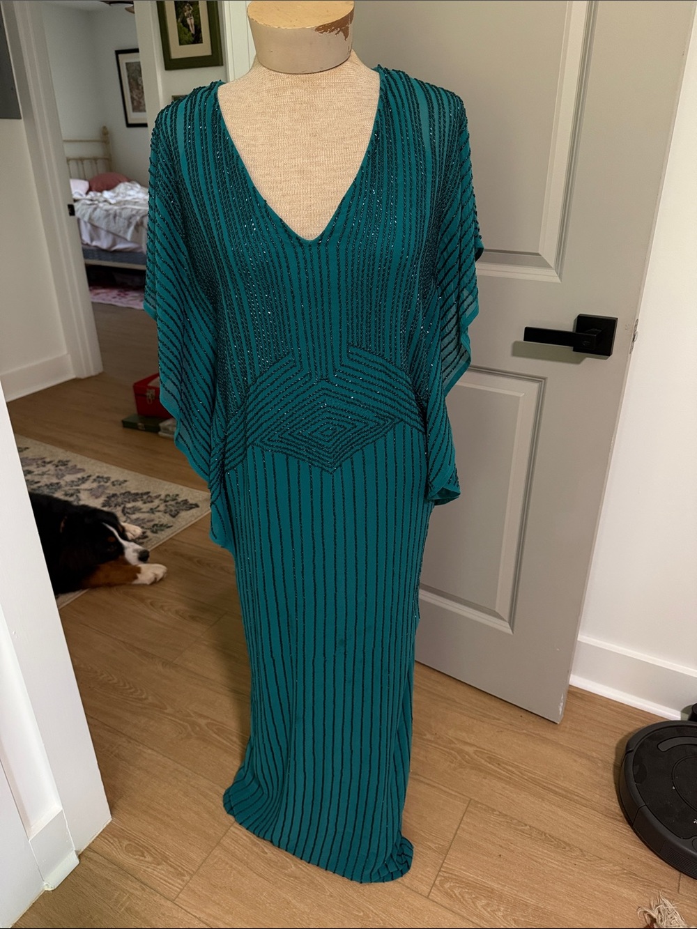 Aidan Mattox Teal Beaded V-Neck Column Gown